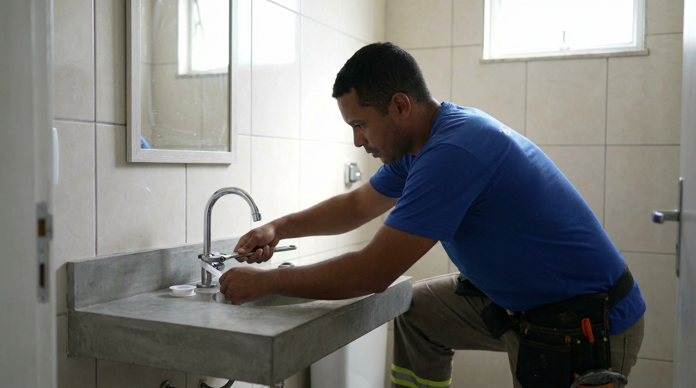 Encanador instalando torneira em Diadema‑SP