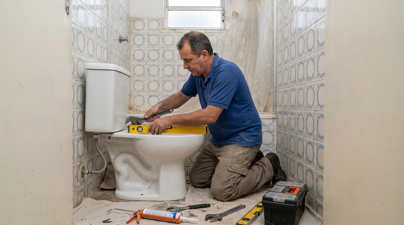 Técnico instalando vaso sanitário em Diadema‑SP